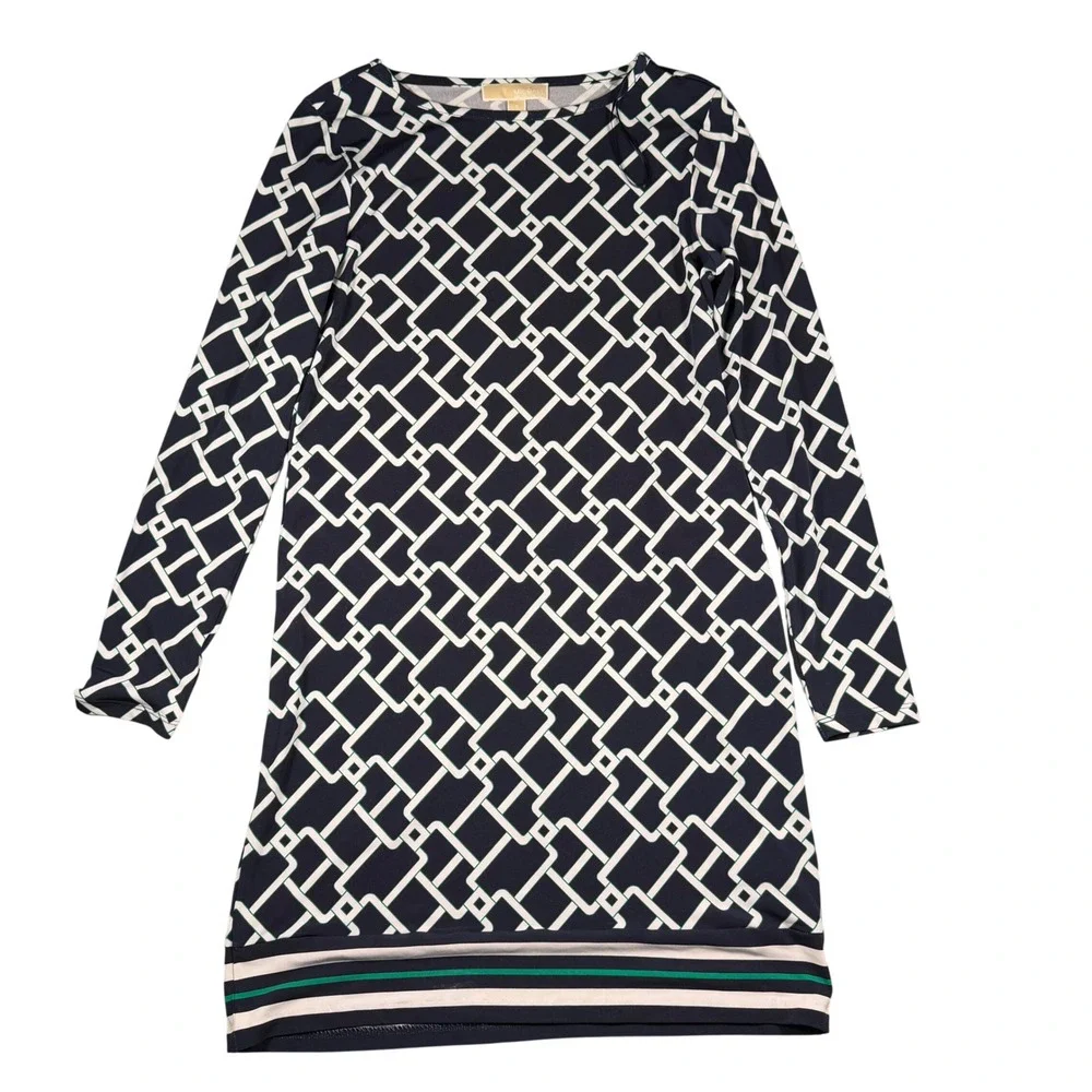 Michael Kors Navy White Geometric Link Print Long Sleeve Sheath Dress Small